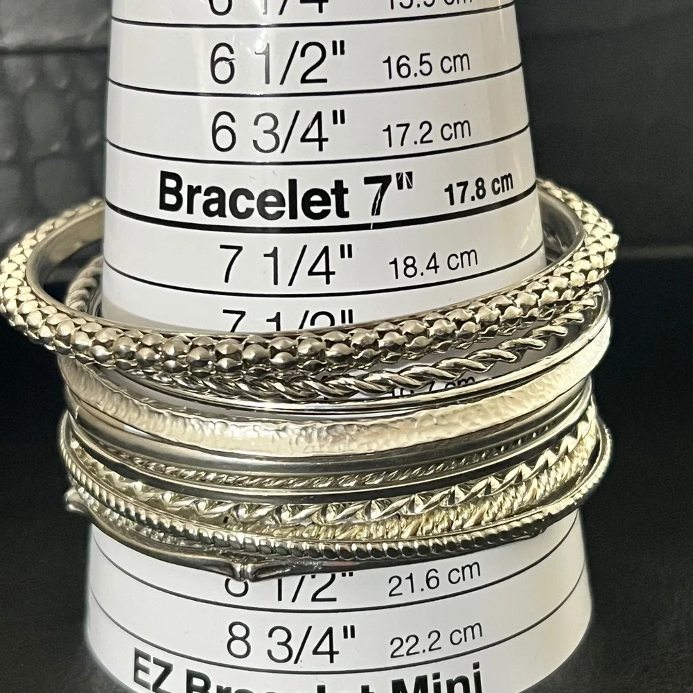 12 Vintage-Now Silver Tone‎ Textured Stackable Bangle Bracelet Set  7-8 Indie